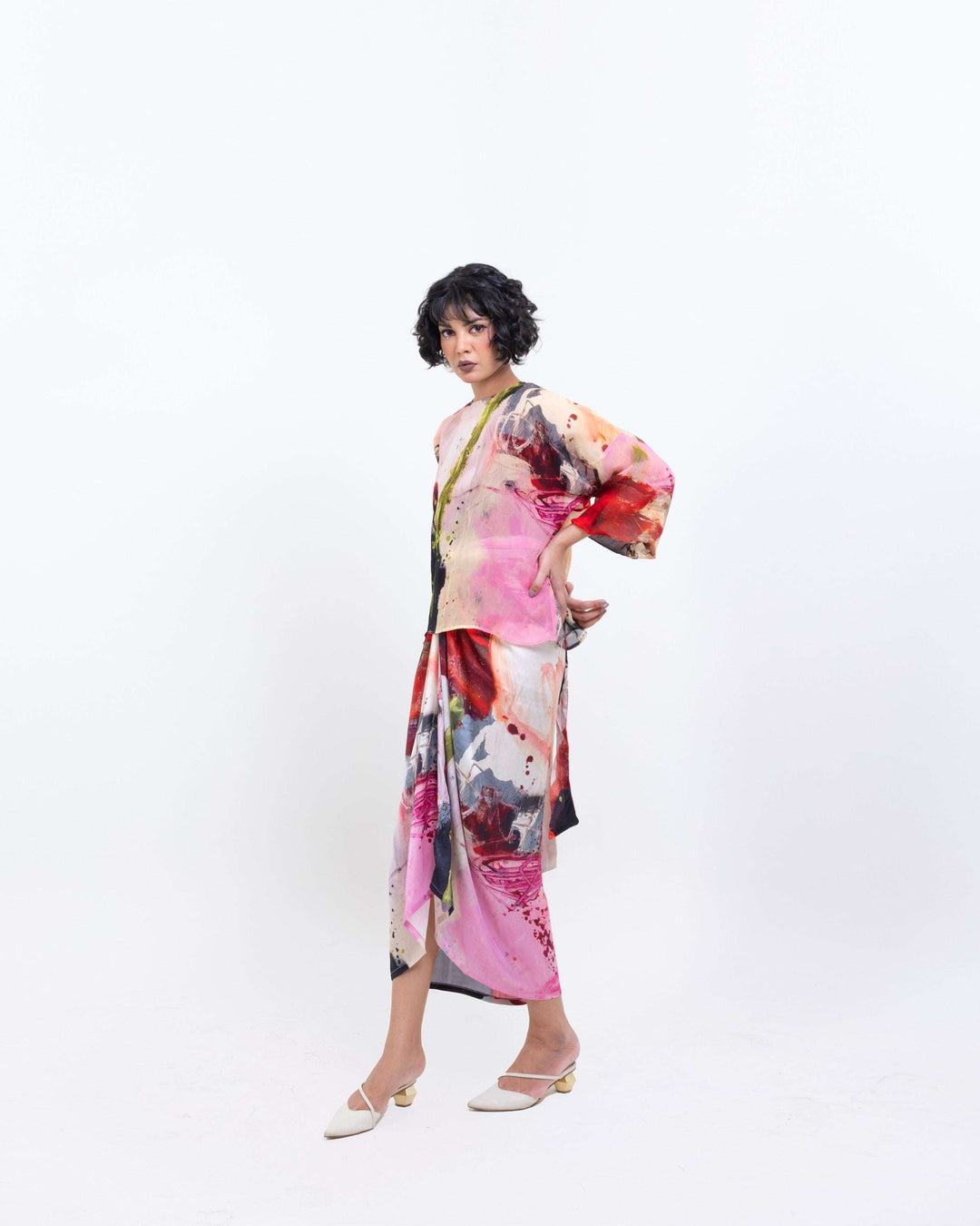 Artistic Abstract Print Sheer Organza Top – Multi - Colour Spaghetti Strap Blouse - The Organico