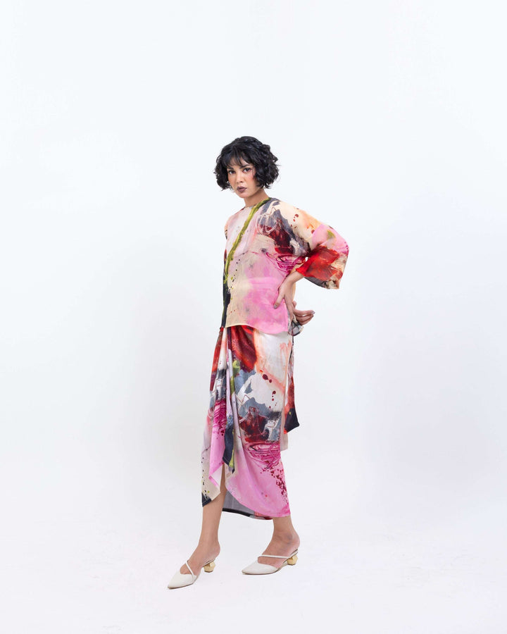 Artistic Abstract Print Sheer Organza Top – Multi - Colour Spaghetti Strap Blouse - The Organico