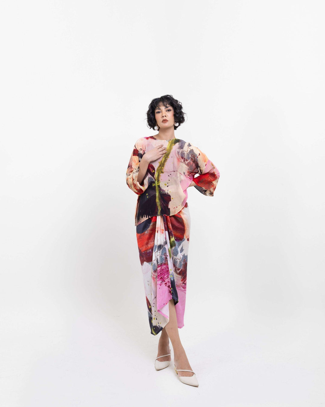 Artistic Abstract Print Sheer Organza Top – Multi - Colour Spaghetti Strap Blouse - The Organico