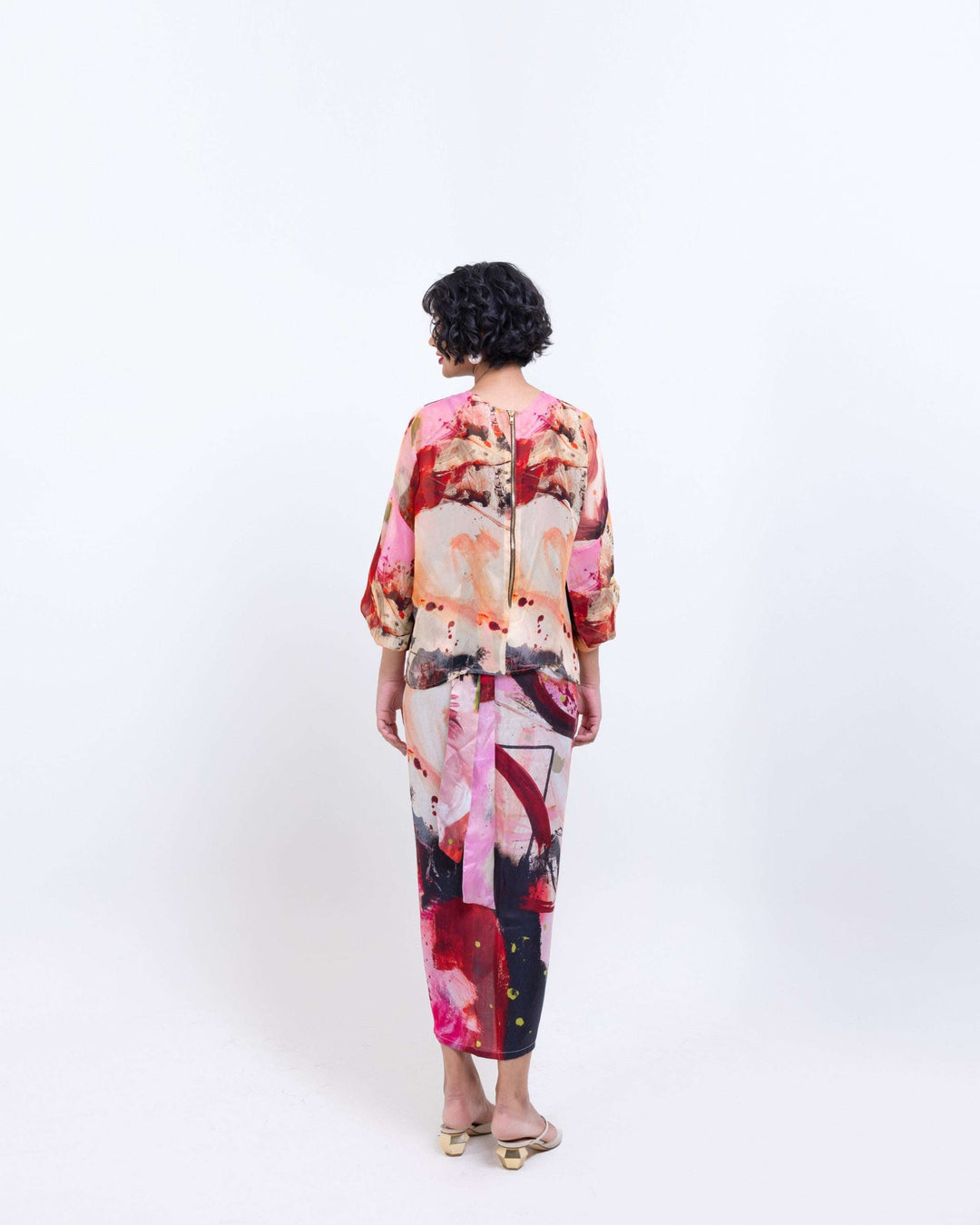 Artistic Abstract Print Sheer Organza Top – Multi - Colour Spaghetti Strap Blouse - The Organico