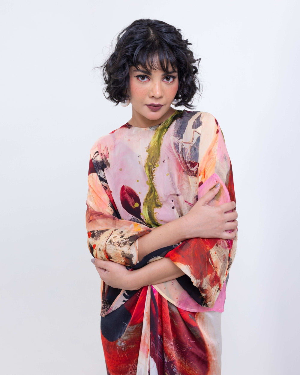Artistic Abstract Print Sheer Organza Top – Multi - Colour Spaghetti Strap Blouse - The Organico