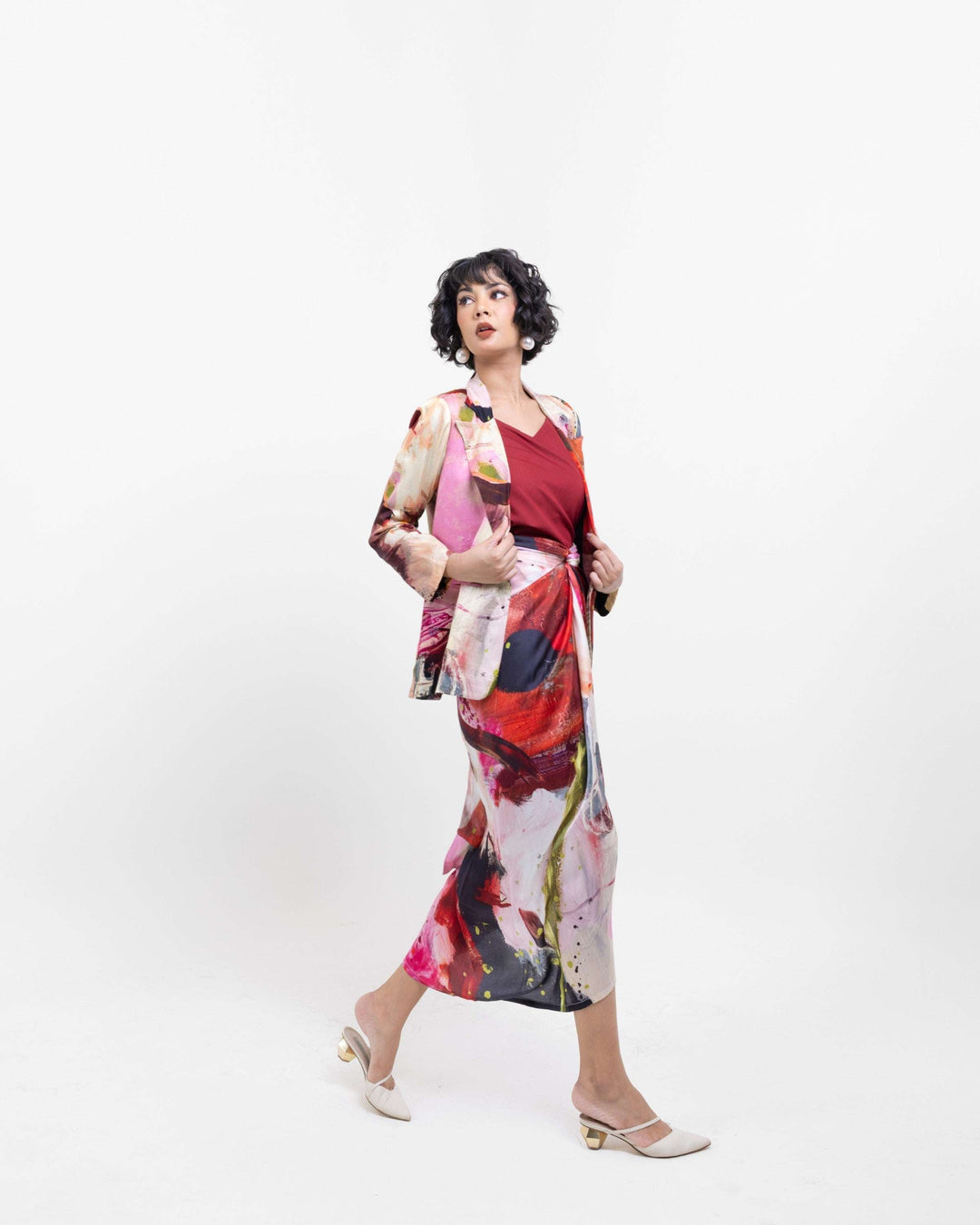 Artistic Abstract Print Vegan Silk Blazer – Red Statement Blazer for Women - The Organico