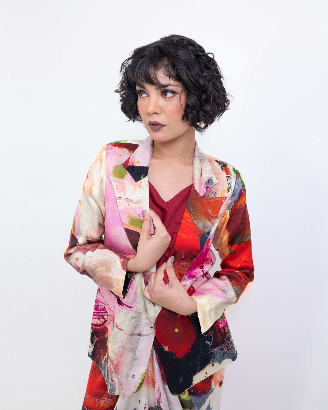 Artistic Abstract Print Vegan Silk Blazer – Red Statement Blazer for Women - The Organico