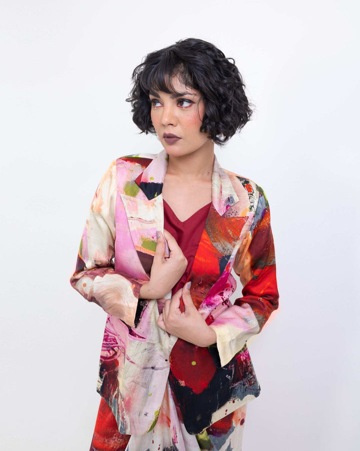 Artistic Abstract Print Vegan Silk Blazer – Red Statement Blazer for Women - The Organico