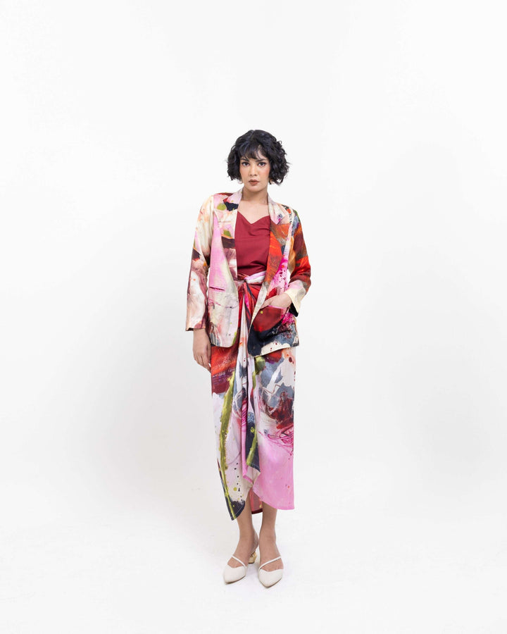 Artistic Abstract Print Vegan Silk Blazer – Red Statement Blazer for Women - The Organico