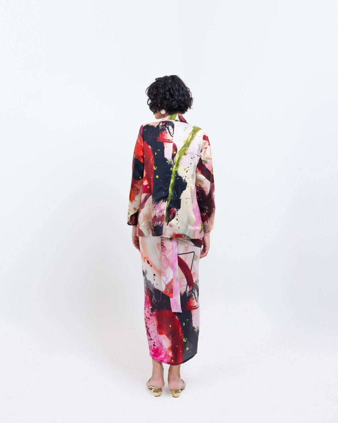 Artistic Abstract Print Vegan Silk Blazer – Red Statement Blazer for Women - The Organico