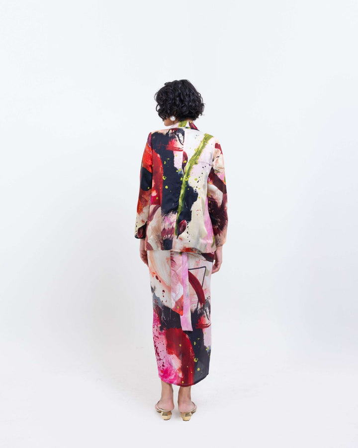 Artistic Abstract Print Vegan Silk Blazer – Red Statement Blazer for Women - The Organico