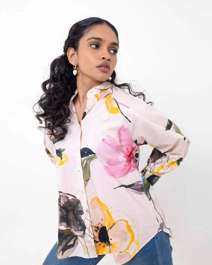 Artistic Floral Hand Printed Cotton Shirt – Multi - Colour Women’s Casual Shirt - The Organico