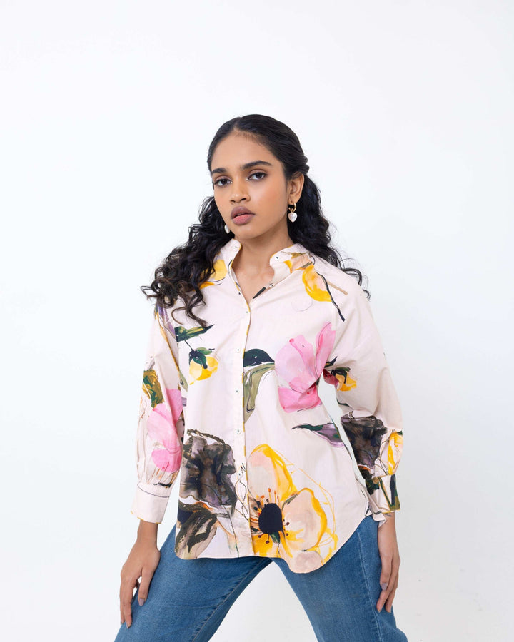 Artistic Floral Hand Printed Cotton Shirt – Multi - Colour Women’s Casual Shirt - The Organico