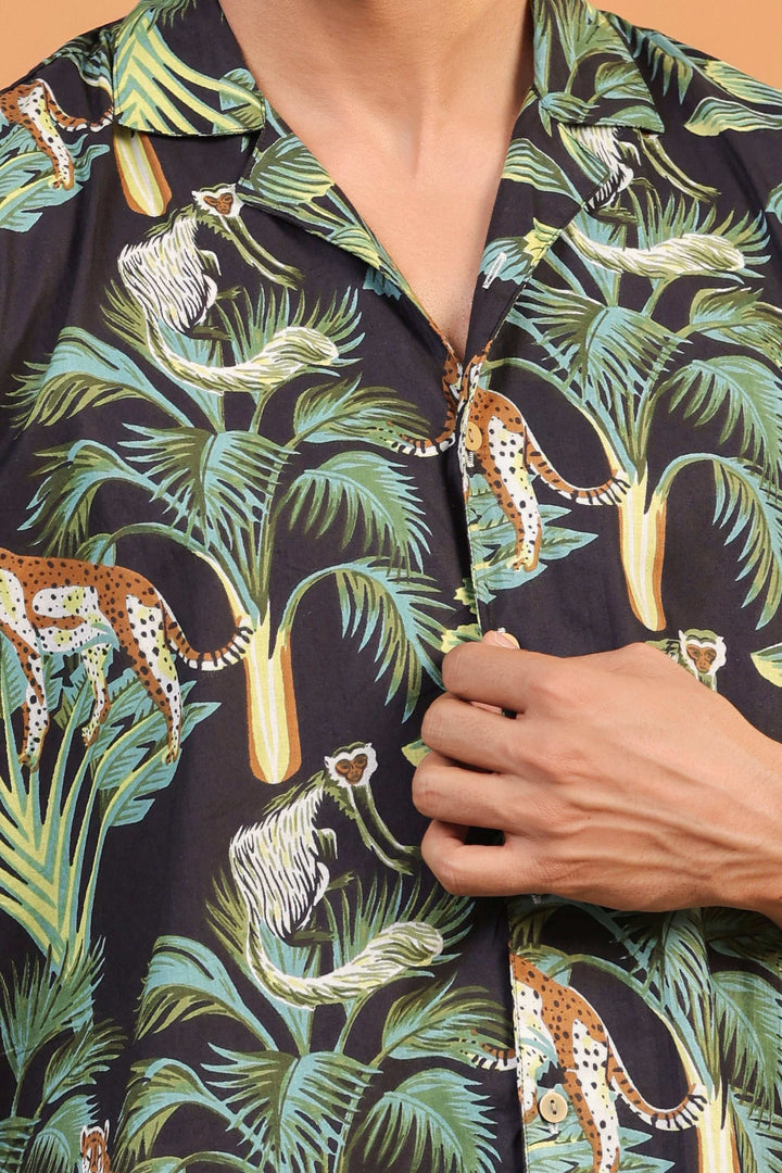 Black Monkey Green – Handcrafted Men’s Cuban Cotton Shirt | Bold Handprint | 100% Mulmul - The Organico