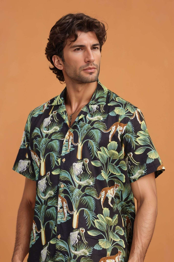 Black Monkey Green – Handcrafted Men’s Cuban Cotton Shirt | Bold Handprint | 100% Mulmul - The Organico