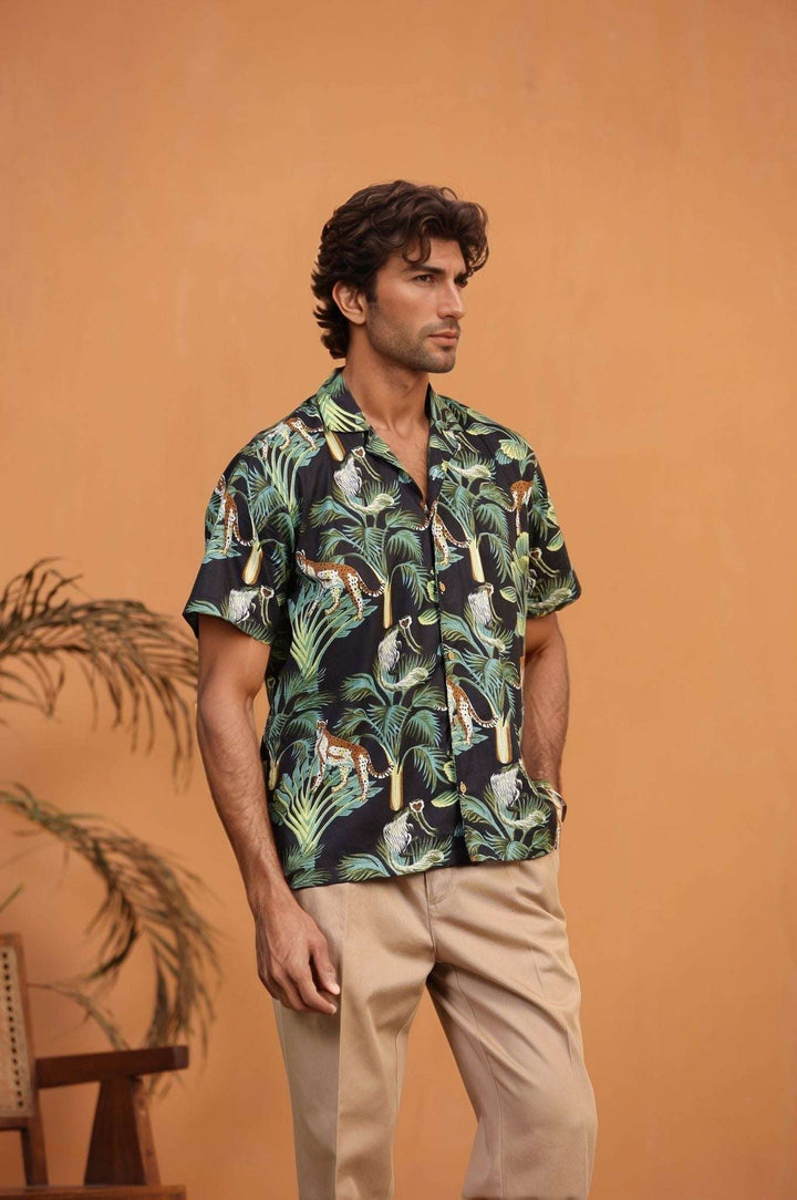 Black Monkey Green – Handcrafted Men’s Cuban Cotton Shirt | Bold Handprint | 100% Mulmul - The Organico