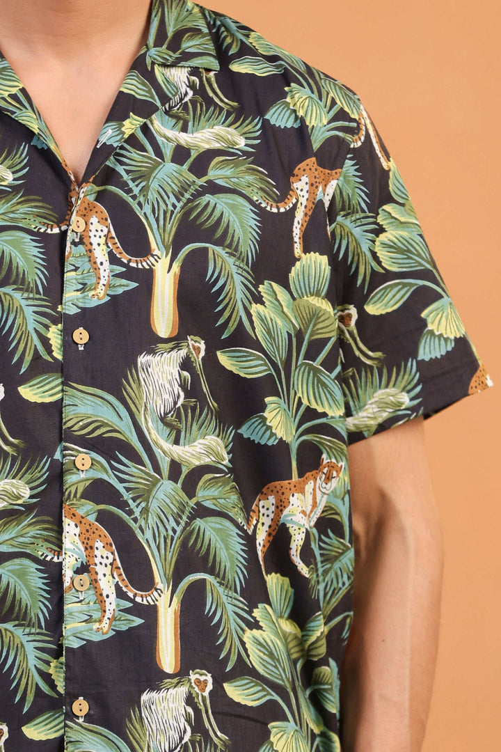 Black Monkey Green – Handcrafted Men’s Cuban Cotton Shirt | Bold Handprint | 100% Mulmul - The Organico
