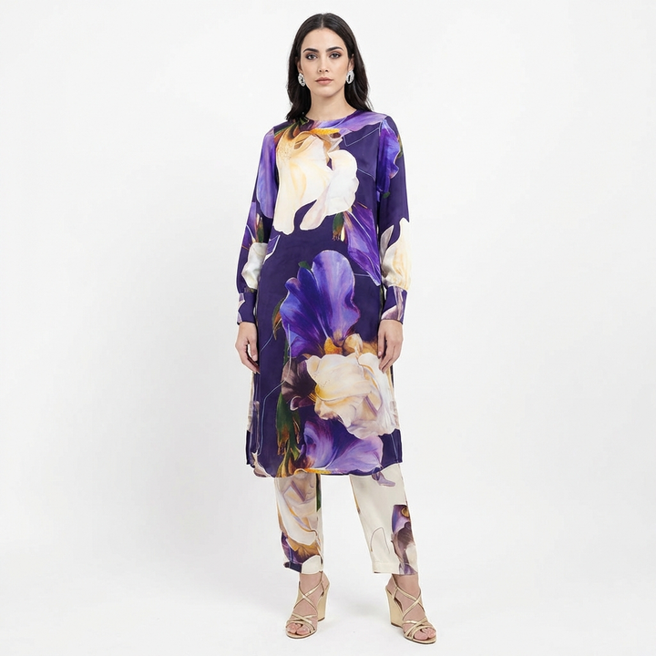 Jamuni Purple Co-Ord Set – Vegan Silk Iris Floral Top & Pant