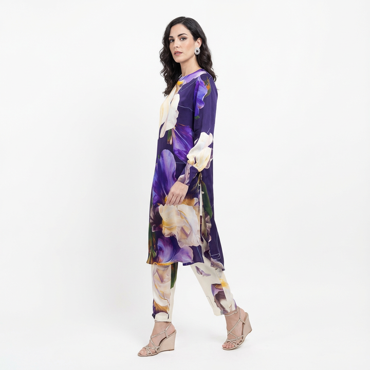 Jamuni Purple Co-Ord Set – Vegan Silk Iris Floral Top & Pant