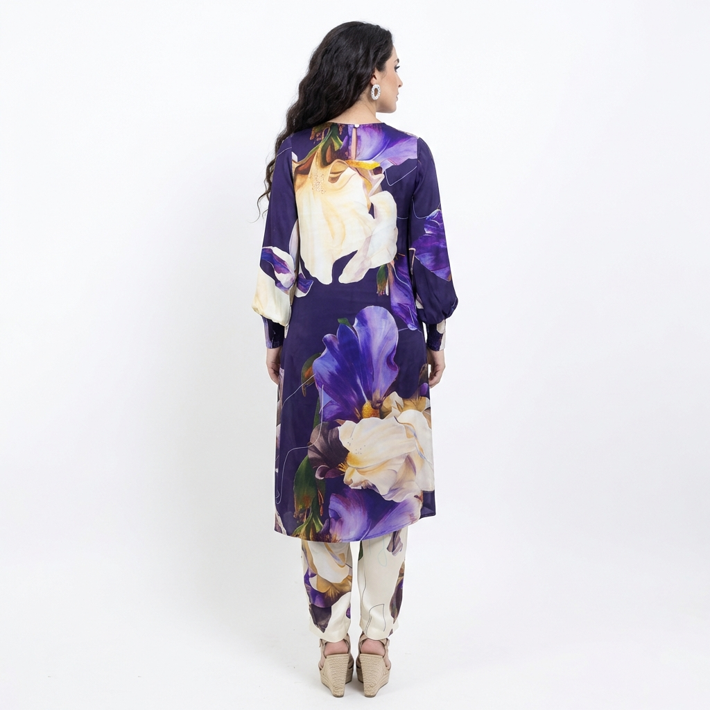 Jamuni Purple Co-Ord Set – Vegan Silk Iris Floral Top & Pant