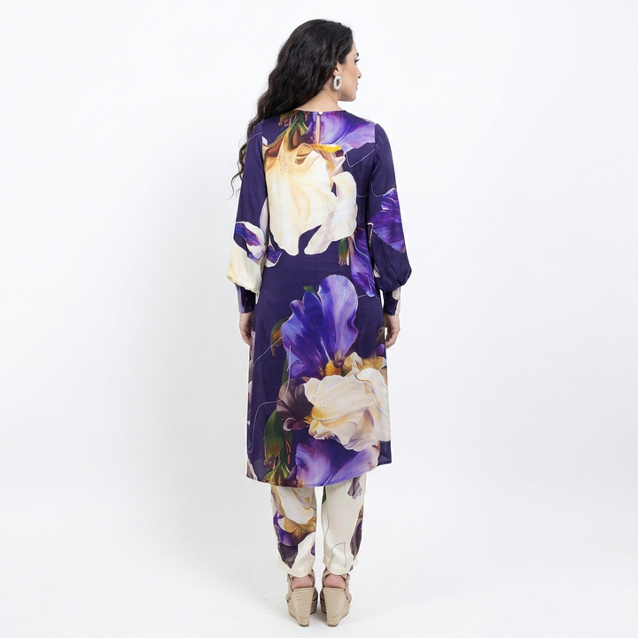 Jamuni Purple Co-Ord Set – Vegan Silk Iris Floral Top & Pant
