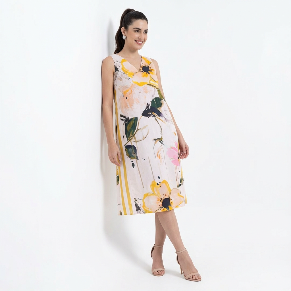 Artistic Floral Cotton Midi Dress