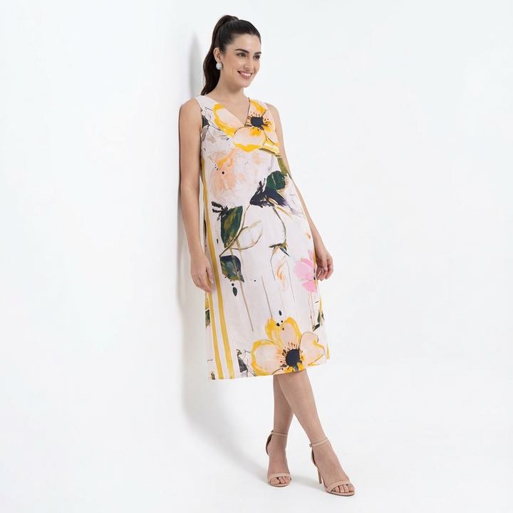 Artistic Floral Cotton Midi Dress