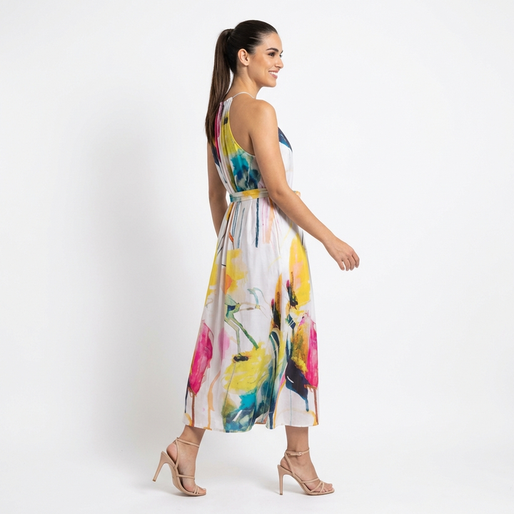 Midnight Bloom High-Neck Halter Maxi Dress