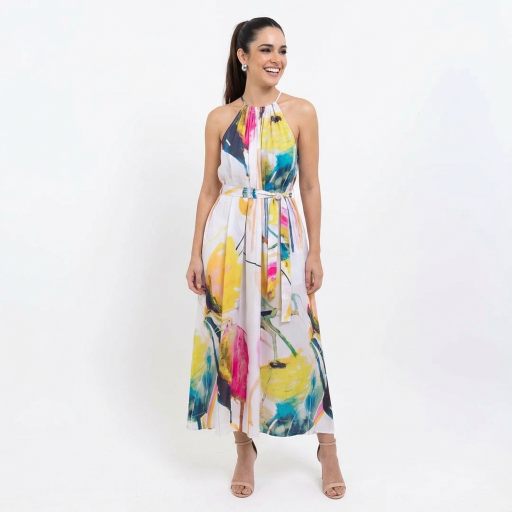 Midnight Bloom High-Neck Halter Maxi Dress