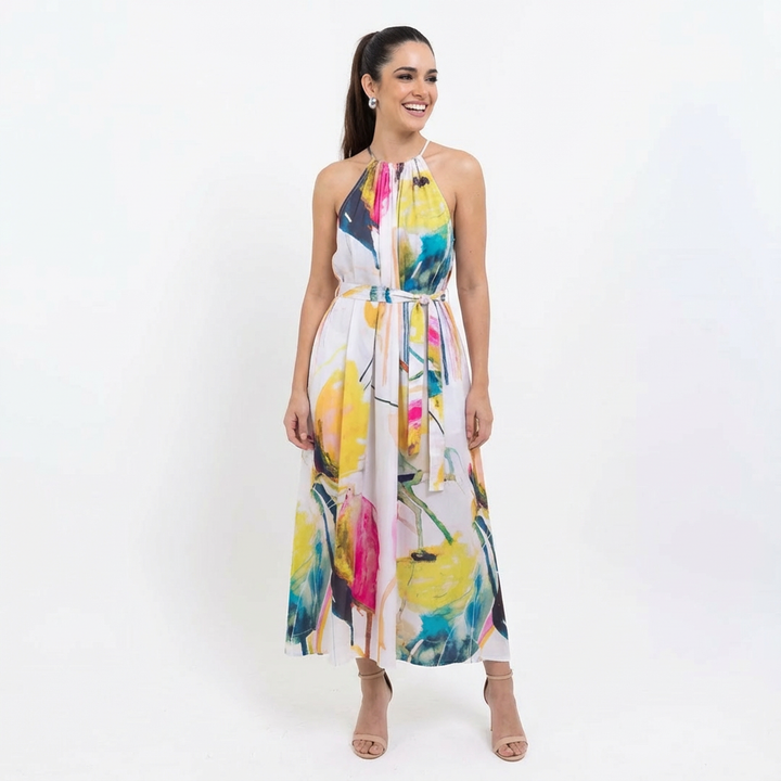 Midnight Bloom High-Neck Halter Maxi Dress