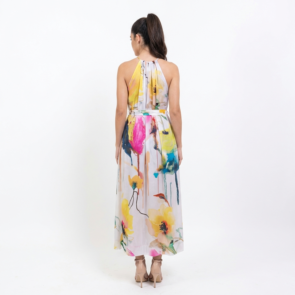 Midnight Bloom High-Neck Halter Maxi Dress