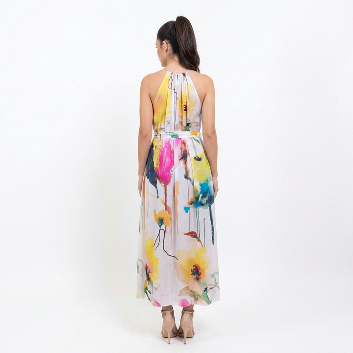 Midnight Bloom High-Neck Halter Maxi Dress