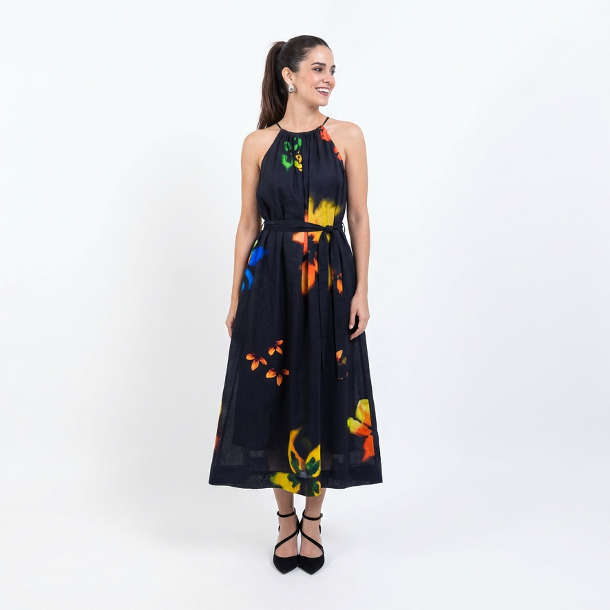 Black Floral Halter Silk Maxi Dress – Multi-Colour – The Organico