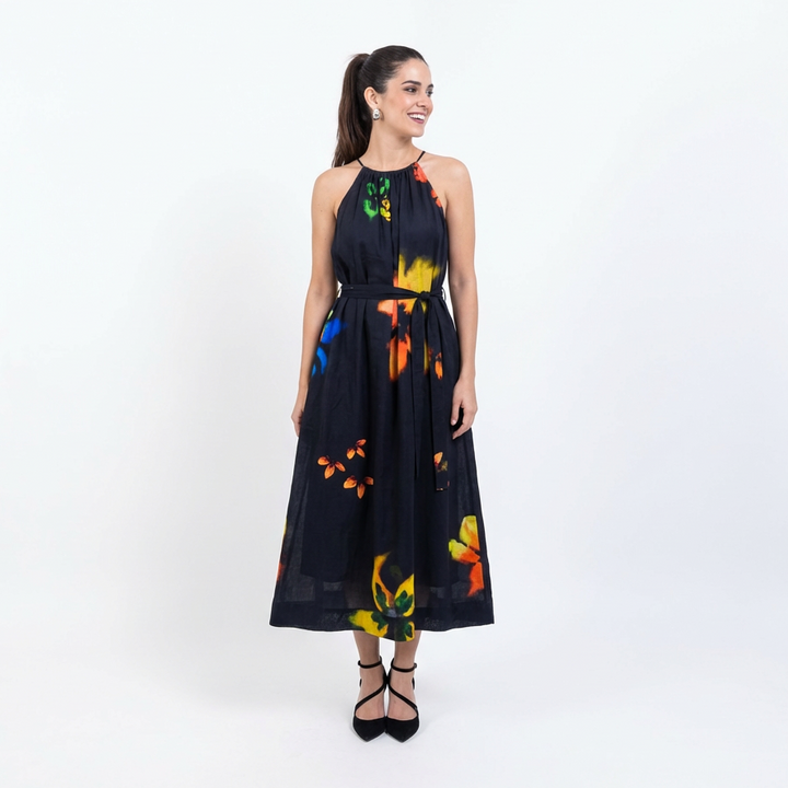 Black Floral Halter Silk Maxi Dress