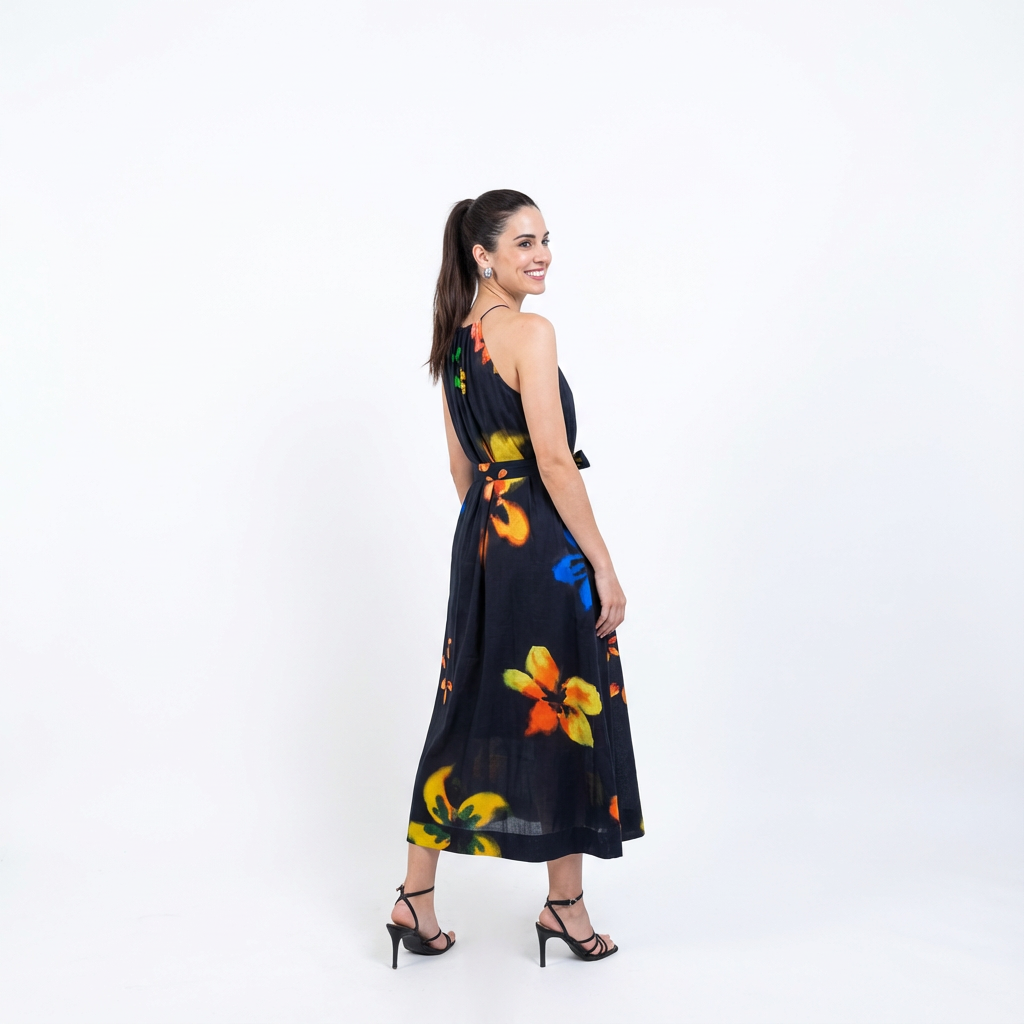 Black Floral Halter Silk Maxi Dress