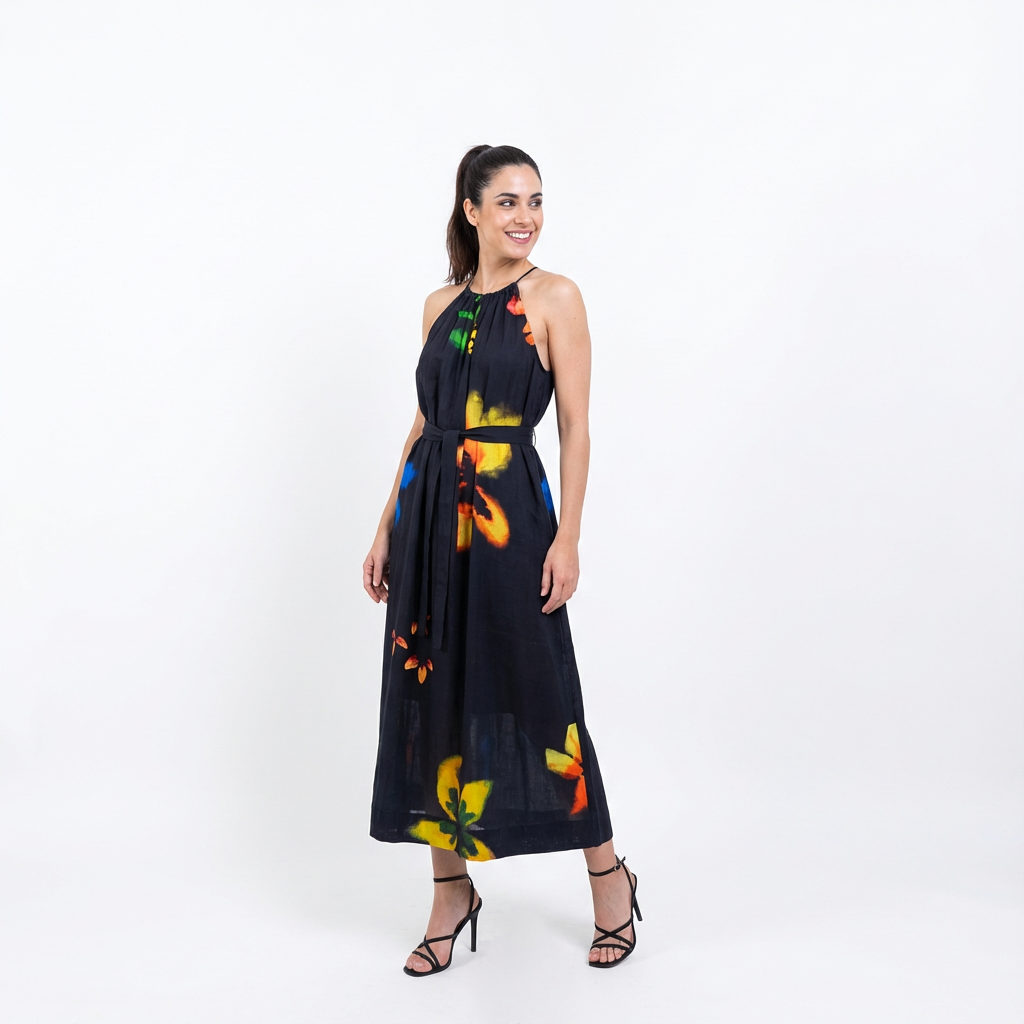 Black Floral Halter Silk Maxi Dress