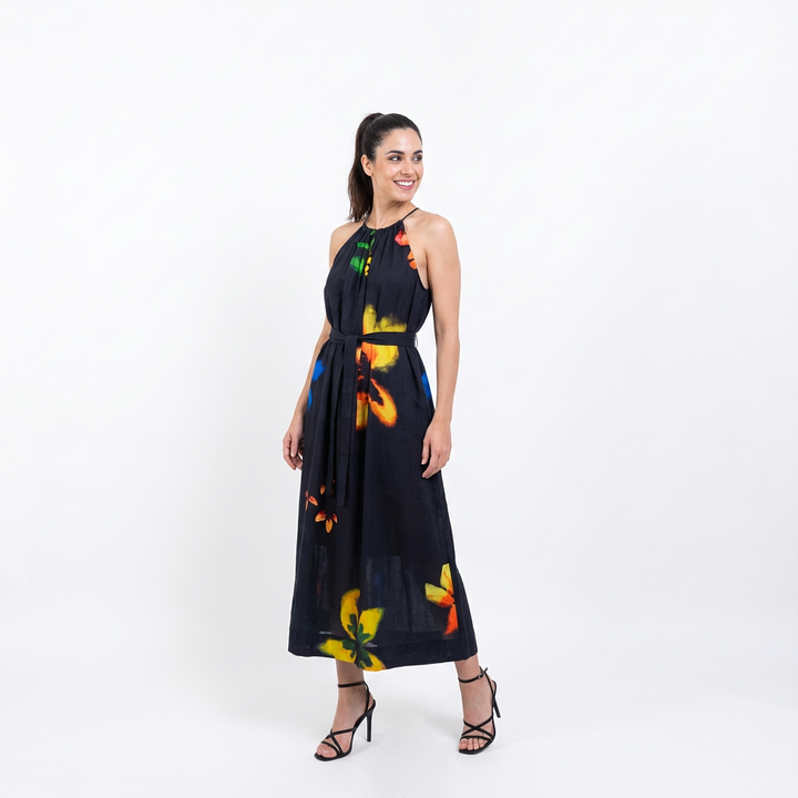 Black Floral Halter Silk Maxi Dress