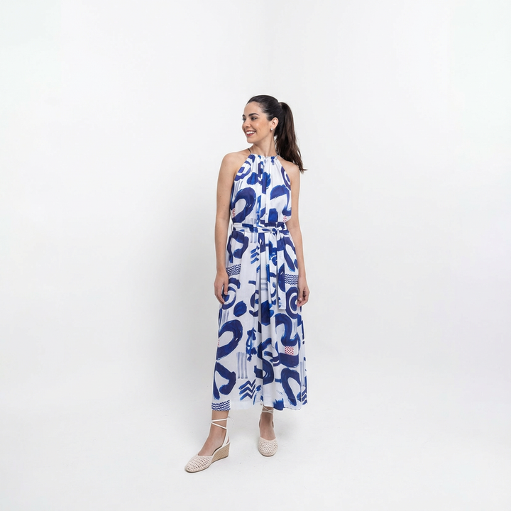 Blue & White Printed Vegan Silk Halter Neck Dress
