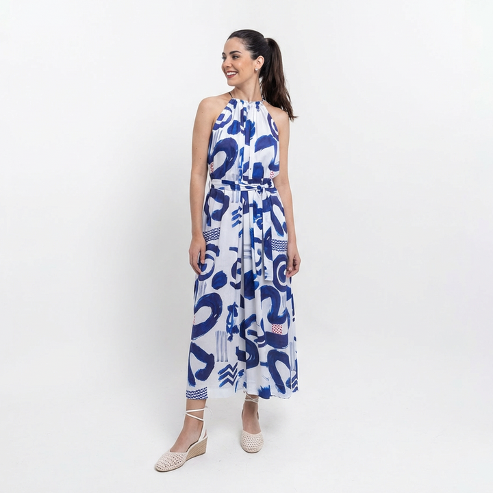 Blue & White Printed Vegan Silk Halter Neck Dress