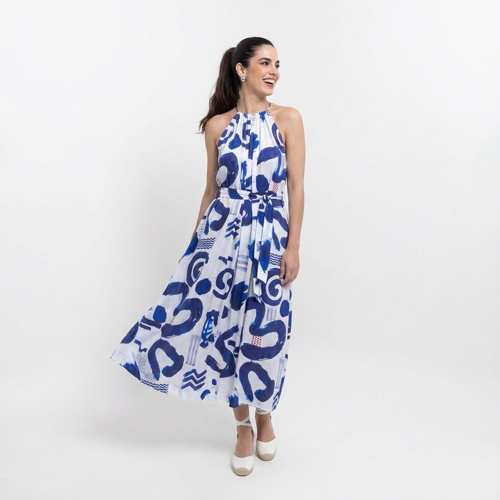Blue & White Printed Vegan Silk Halter Neck Dress