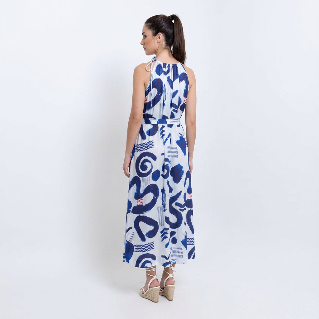 Blue & White Printed Vegan Silk Halter Neck Dress