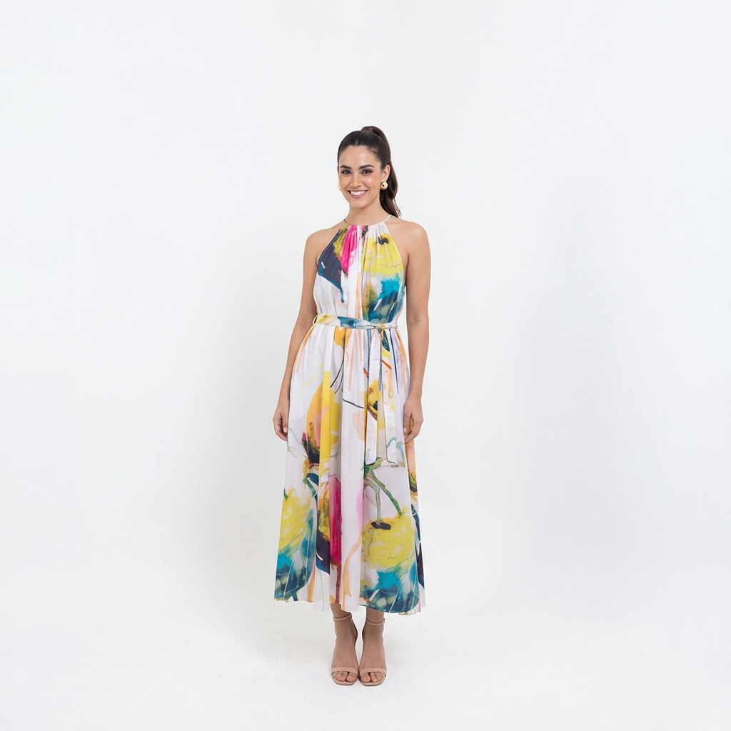 Midnight Bloom High-Neck Halter Maxi Dress