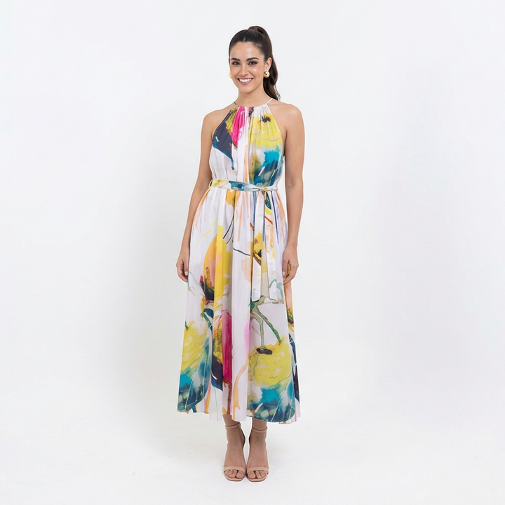 Midnight Bloom High-Neck Halter Maxi Dress