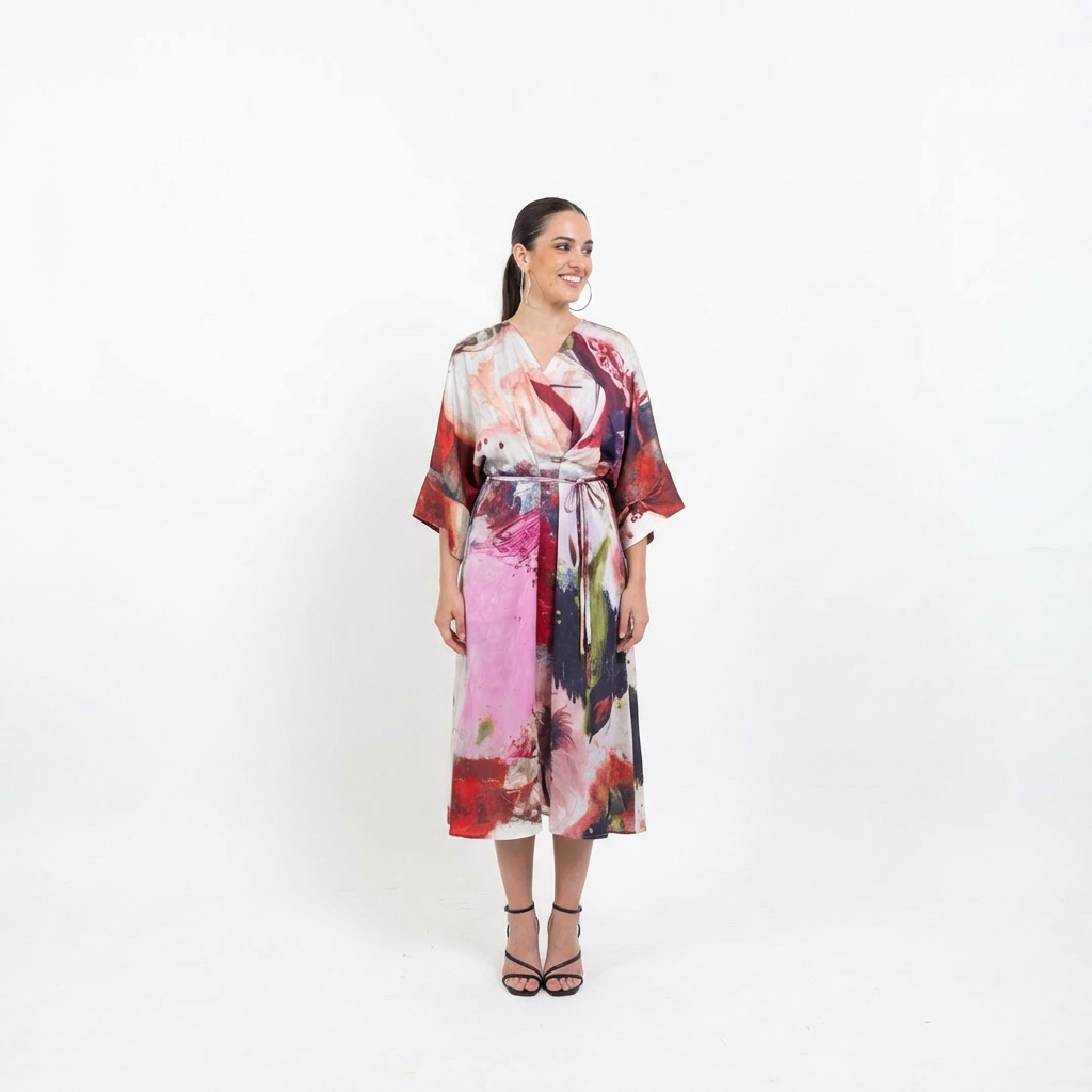 Abstract Art Silk Kimono Dress