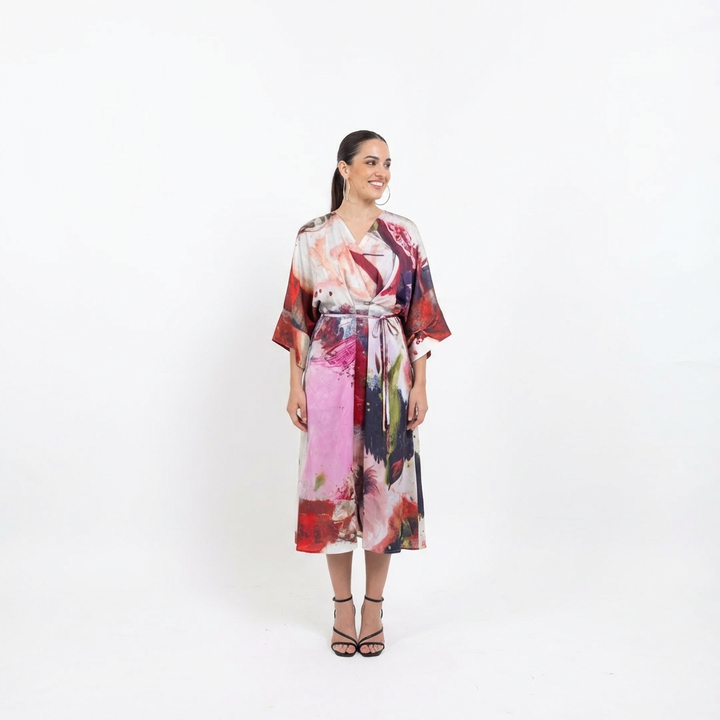 Abstract Art Silk Kimono Dress