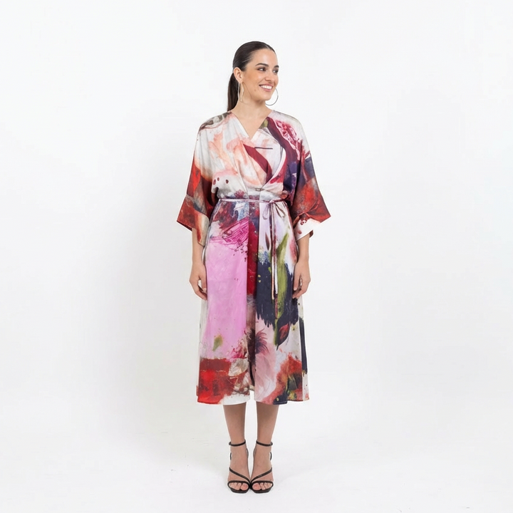 Abstract Art Silk Kimono Dress