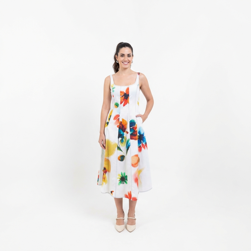 White Multi Floral Sleeveless Midi Dress