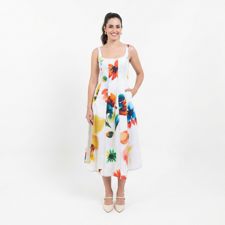 White Multi Floral Sleeveless Midi Dress