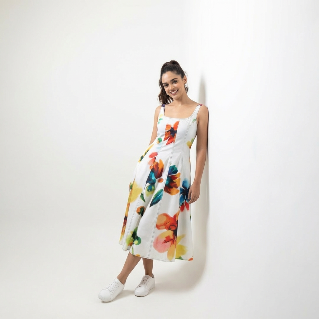 White Multi Floral Sleeveless Midi Dress