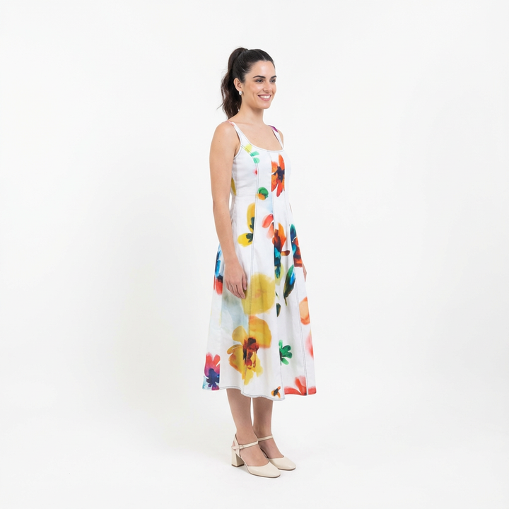 White Multi Floral Sleeveless Midi Dress