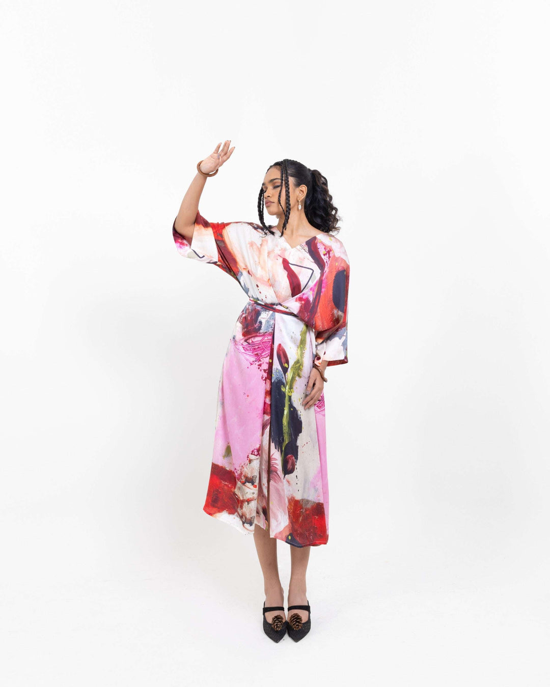 Elegant Abstract Art Kimono Dress – Red Vegan Silk Wrap Midi Dress - The Organico