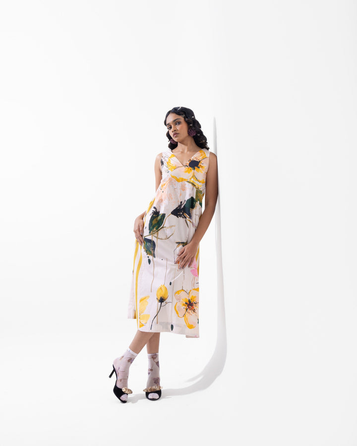 Elegant Artistic Floral Print Cotton Maxi Dress – Multi - Colour Statement Dress for Women - The Organico