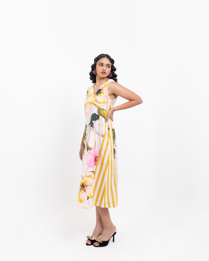 Elegant Artistic Floral Print Cotton Maxi Dress – Multi - Colour Statement Dress for Women - The Organico