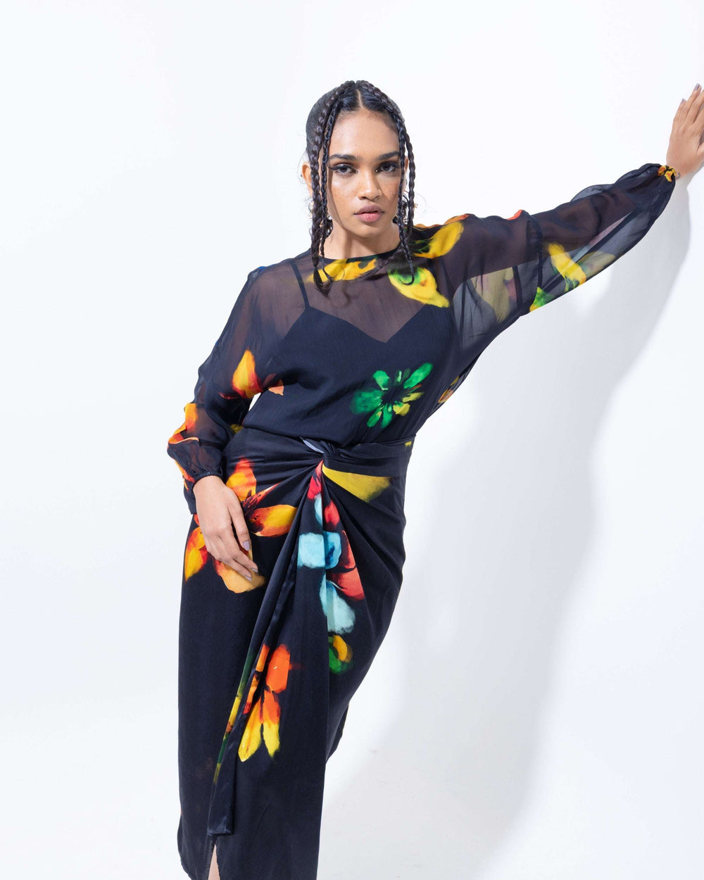 Elegant Black Floral Drape Skirt – Vegan Silk High - Low Skirt for Women - The Organico